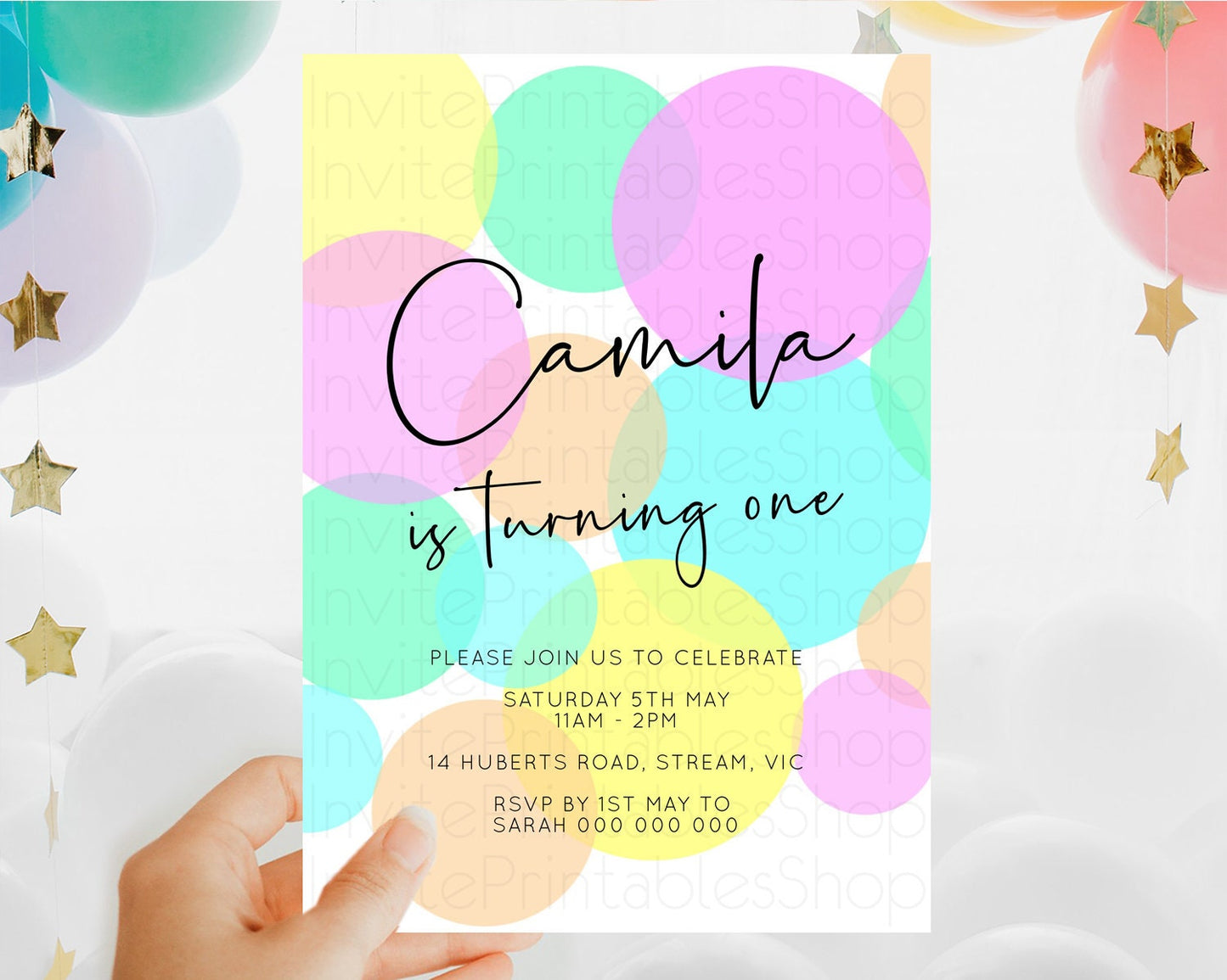 Pastel Birthday Invitation Pastel Confetti Birthday Invitation Bubbles Invitation Colorful Rainbow Confetti 2nd 1st First Birthday D10409