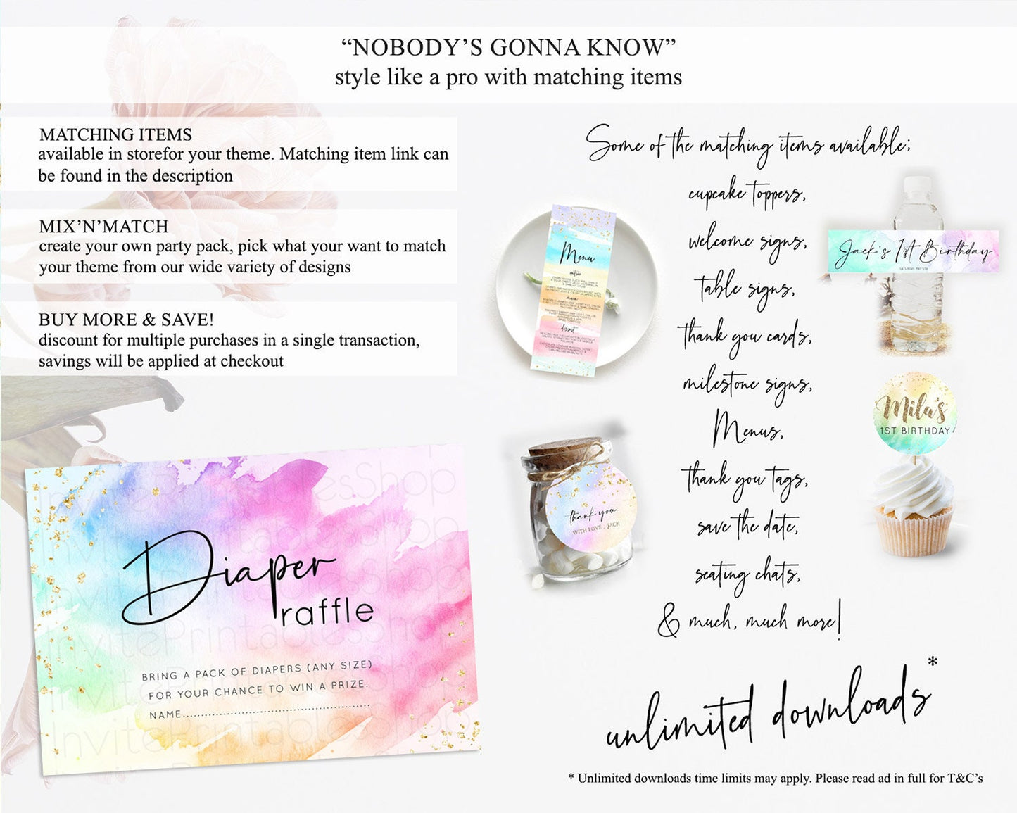 Pastel Diaper Raffle Card Pastel Rainbow Diaper Raffle Insert Colorful Ombre Watercolor Diaper Ticket Confetti Glitter Raffle Game D10449