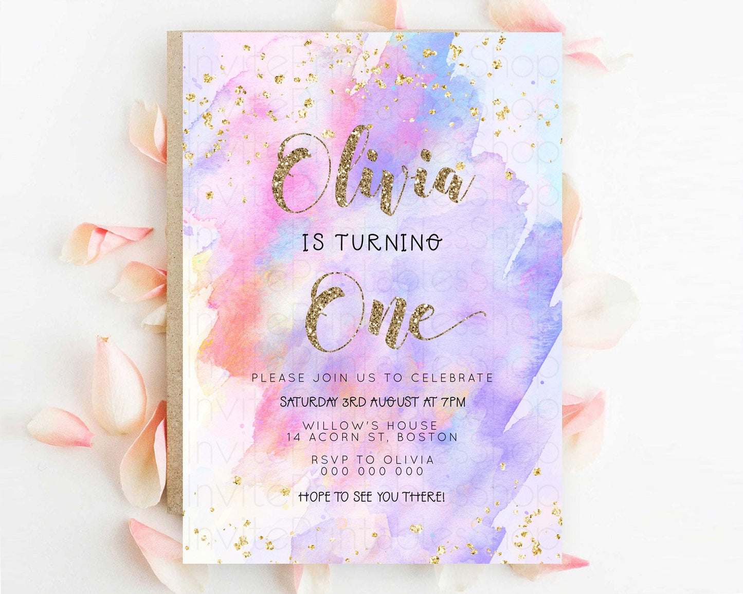 Rainbow Birthday Invitation Colorful Pastel Watercolor Invitation Gold Glitter Sprinkles Ombre Pastel 1st 2nd 3rd Birthday D23294