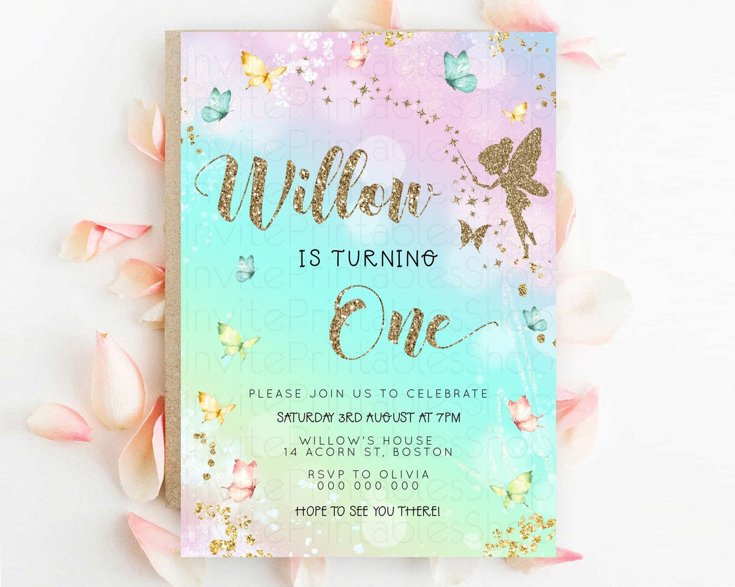 Pastel Fairy Birthday Invitation Pastel Butterflies Fairy Birthday Invitation Rainbow Ombre Watercolor 1st 2nd Birthday Invitation D23151