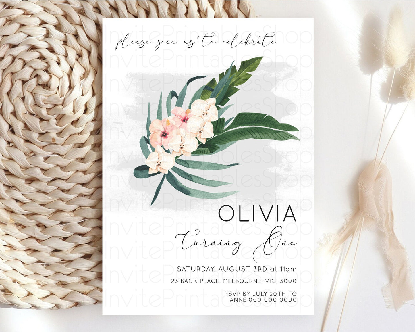 Tropical Invitation Tropical Birthday Invitation Tropical Floral Invitation Palm Leaf Fern Invite Frangipani White Orchid Invitation D11011
