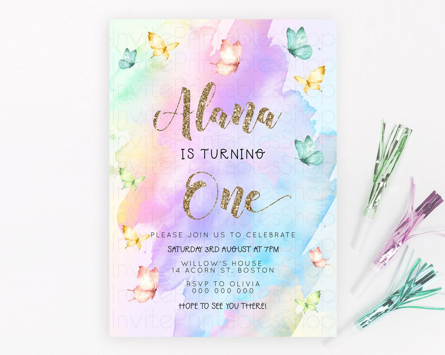 Pastel Butterfly Birthday Invitation Butterfly Birthday Invitation Colorful Splash Glitter Butterfly Garden 1st 2nd Birthday D23248