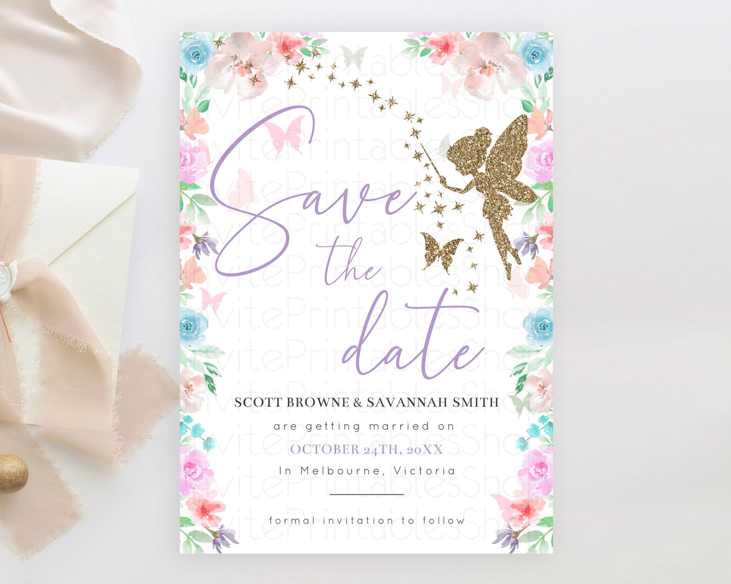 Fairy Save The Date Template Enchanted Garden Pastel Floral Butterfly Party Secret Garden Birthday Baptism Baby Shower Bridal Shower D10126