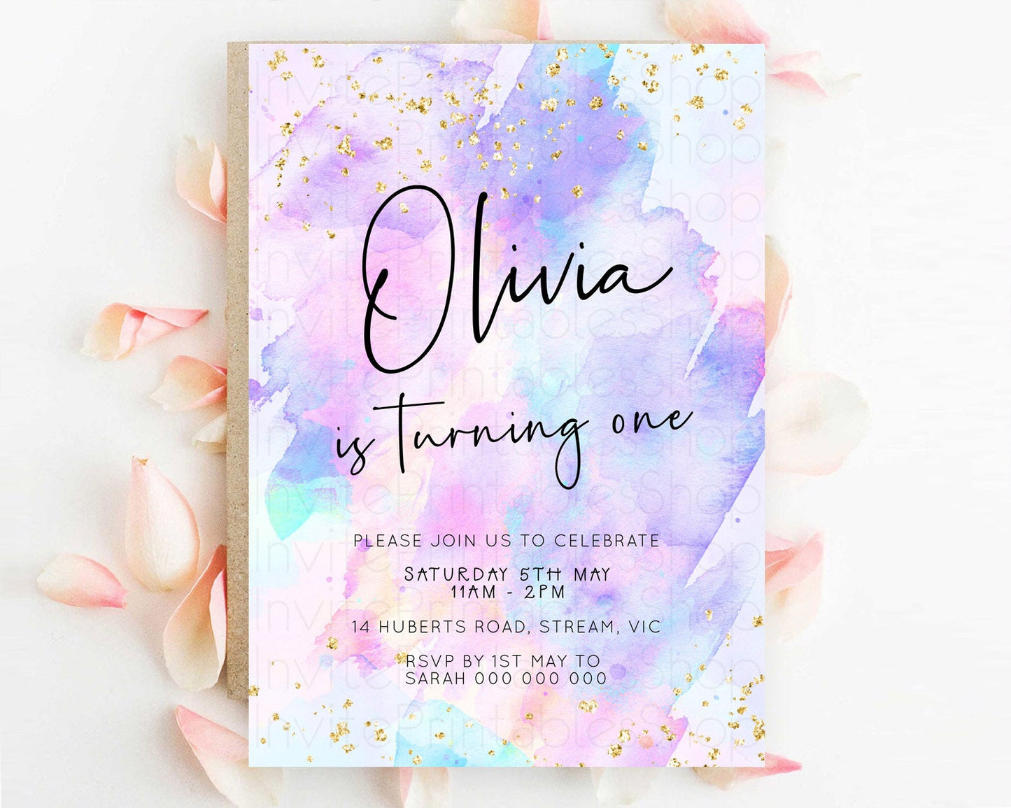 Pastel Birthday Invitation Ombre Watercolor Birthday Invitation Glitter Rainbow Color Splash 1st 2nd 3rd Birthday Invitation D23068