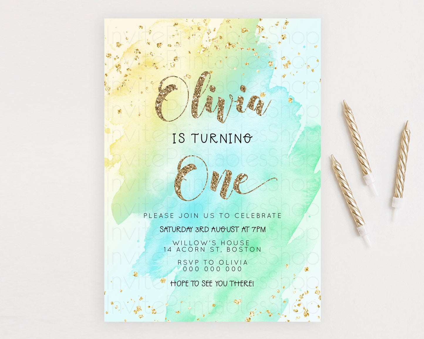 Rainbow Birthday Invitation Colorful Pastel Watercolor Invitation Gold Glitter Sprinkles Ombre Pastel 1st 2nd 3rd Birthday D23289