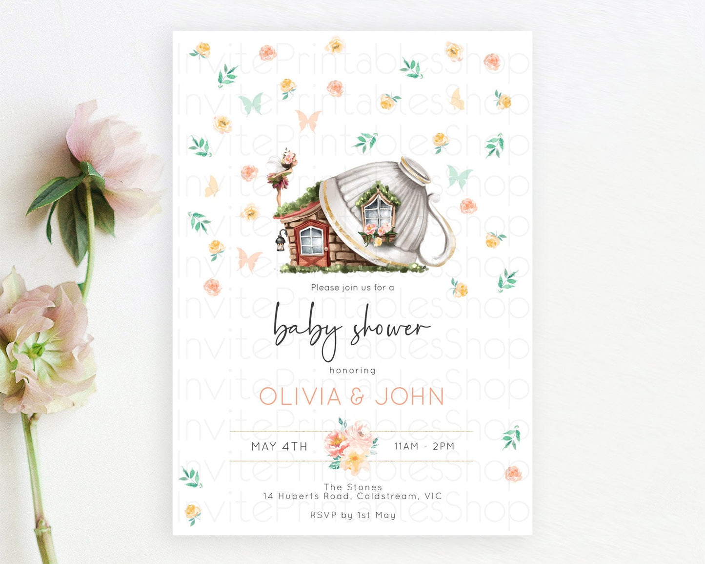 Fairy Baby Shower Invitation Pastel Fairy Invites Fairy Tea Party Fairy Garden Theme Secret Garden Enchanted Garden Floral Butterfly D10383