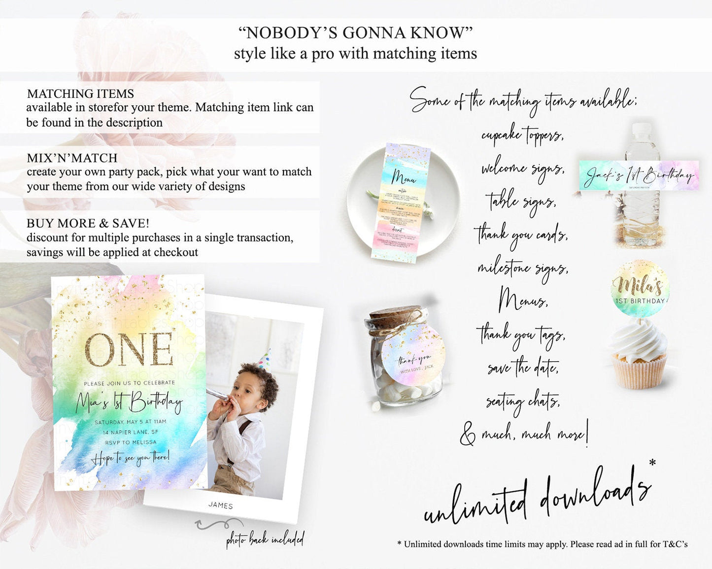 Rainbow Birthday Invitation Colorful Pastel Watercolor Invitation Gold Glitter Sprinkles Ombre Pastel 1st 2nd 3rd Birthday D10279
