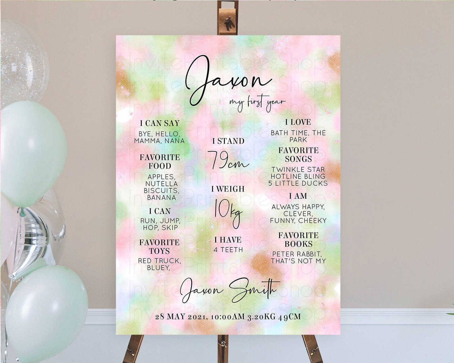 Pastel First Birthday Milestone Board Pastel Rainbow Milestone Poster Colorful Confetti Watercolor Glitter 1st Birthday Welcome Sign D10698