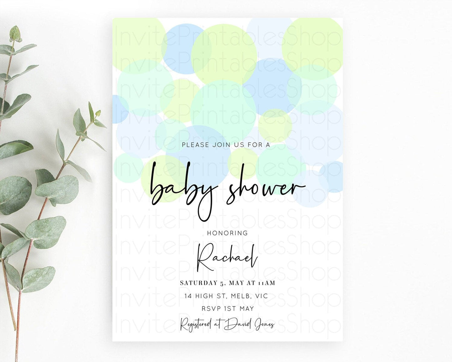 Confetti Baby Shower Invitation, Pastel Rainbow Theme Colorful Sprinkles, Bubbles - Light Blue, Lime Green, Blue Grey POP Invitation D10227