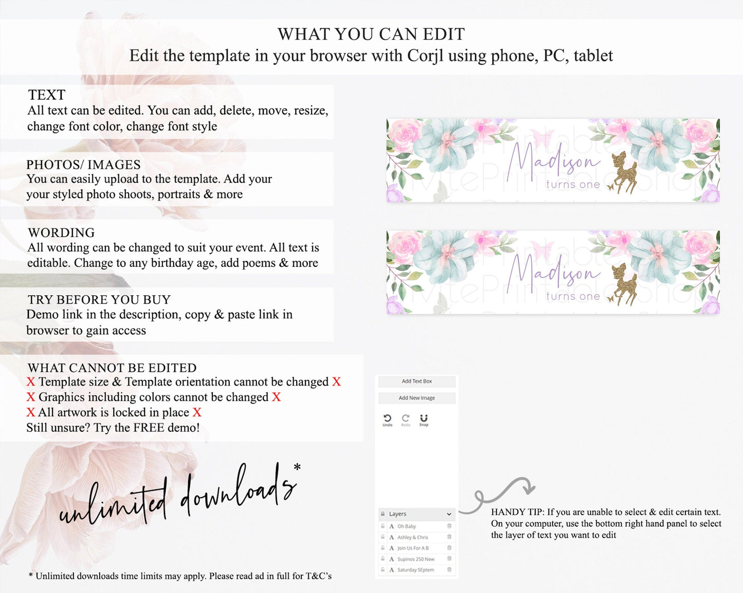 Fawn Deer Water Label Template Pastel Floral Deer Enchanted Forest Butterfly Party Decor Birthday Baptism Baby Shower Bridal Shower D10476
