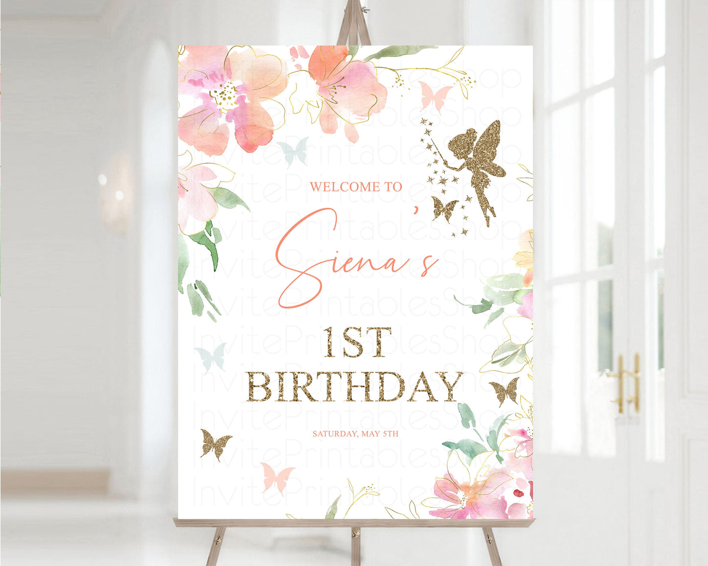 Fairy Floral Birthday Board Pastel Watercolor Welcome Sign Enchanted Garden Welcome Poster 1st Birthday Flower Sign Pink Floral Glitter 91