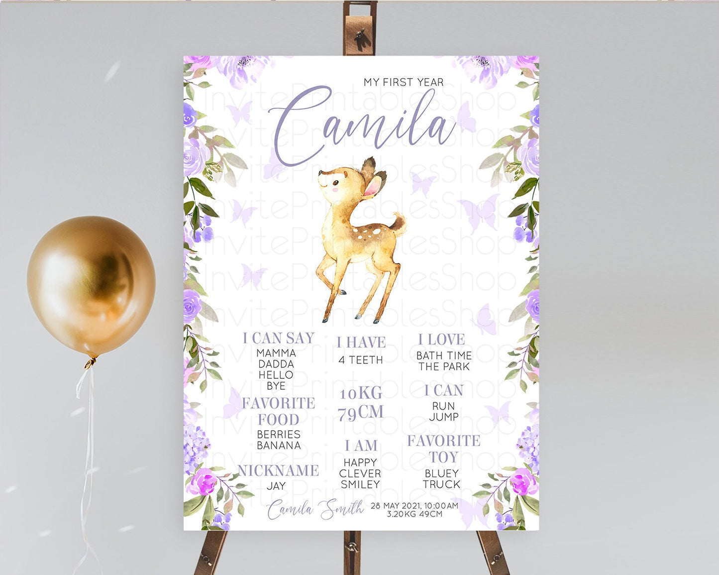 Fawn First Birthday Milestone Board Deer First Birthday Milestone Poster Enchanted Forest Butterfly Pastel Flowers 1st Birthday Sign D10916