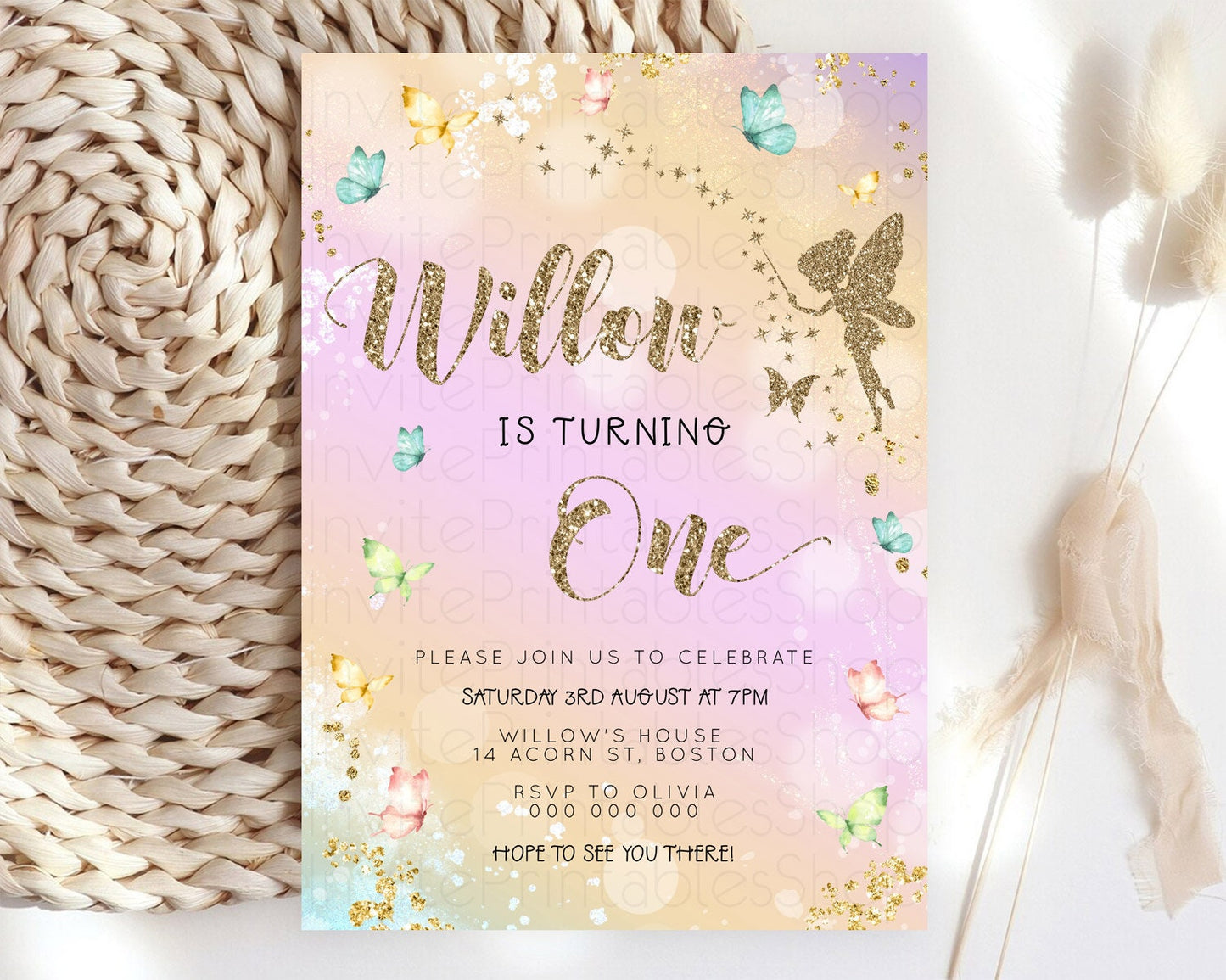 Pastel Fairy Birthday Invitation Pastel Butterflies Fairy Birthday Invitation Rainbow Ombre Watercolor 1st 2nd Birthday Invitation D23158