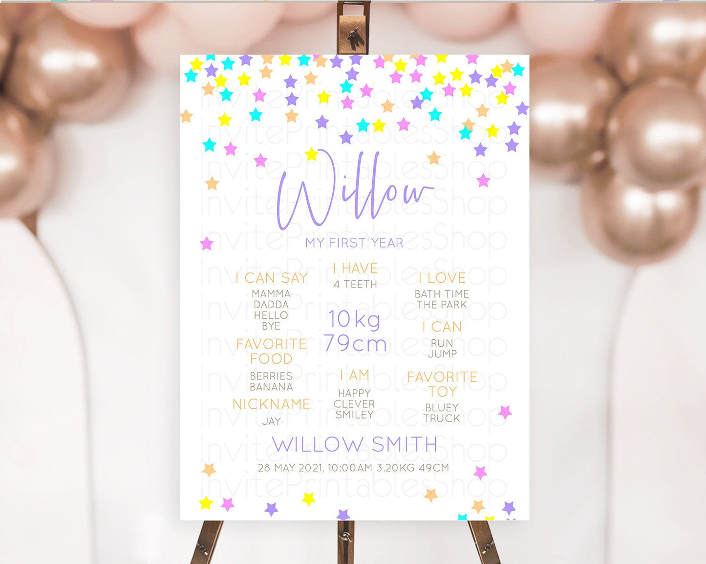 Star First Birthday Milestone Poster Pastel Stars Milestone Shooting Star Rainbow Colorful Confetti Twinkle Little Star 1st Birthday D10397