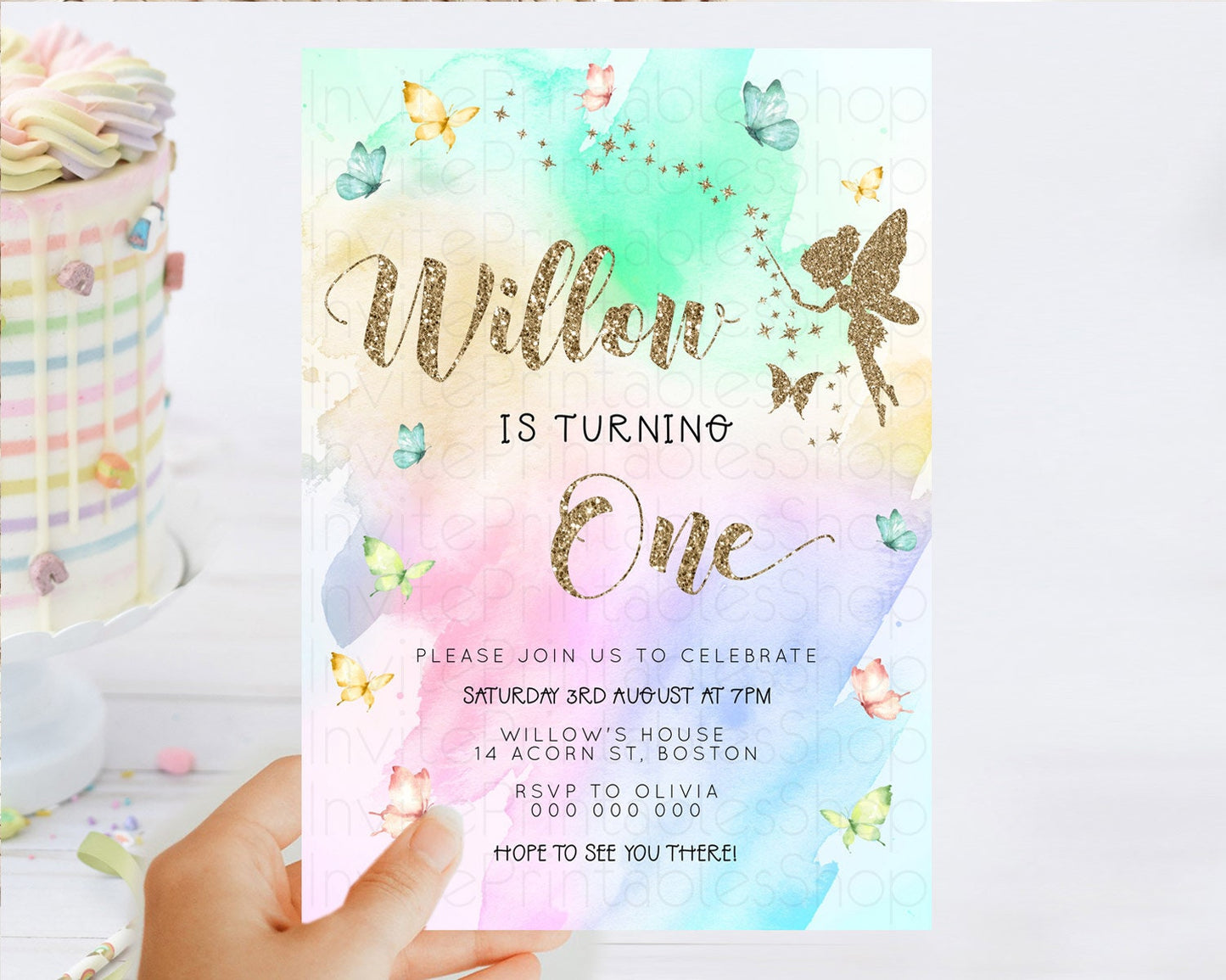 Pastel Fairy Birthday Invitation Pastel Butterflies Fairy Birthday Invitation Rainbow Ombre Watercolor 1st 2nd Birthday Invitation D23353