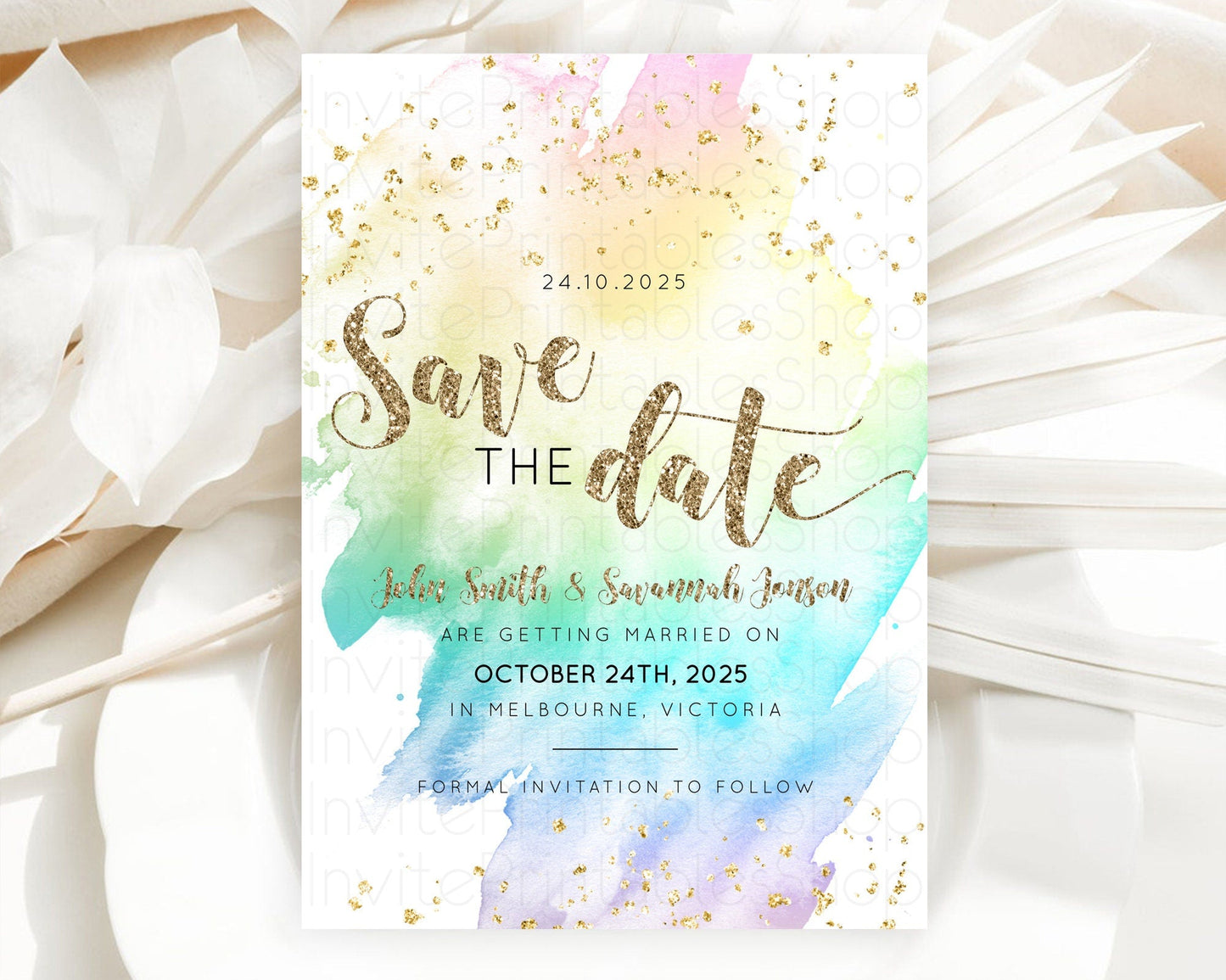 Pastel Save The Date Template Pastel Ombre Rainbow Watercolor Colorful Party For Birthday Baptism Baby Shower Wedding Bridal Shower D10259