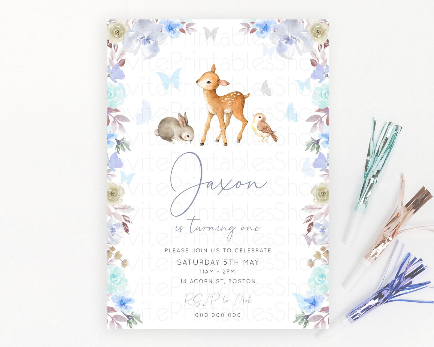 Fawn Birthday Invitation Deer Birthday Invitation Enchanted Forest Party Butterfly Pastel Flowers Whimsical 2nd 1st First Birthday D10929