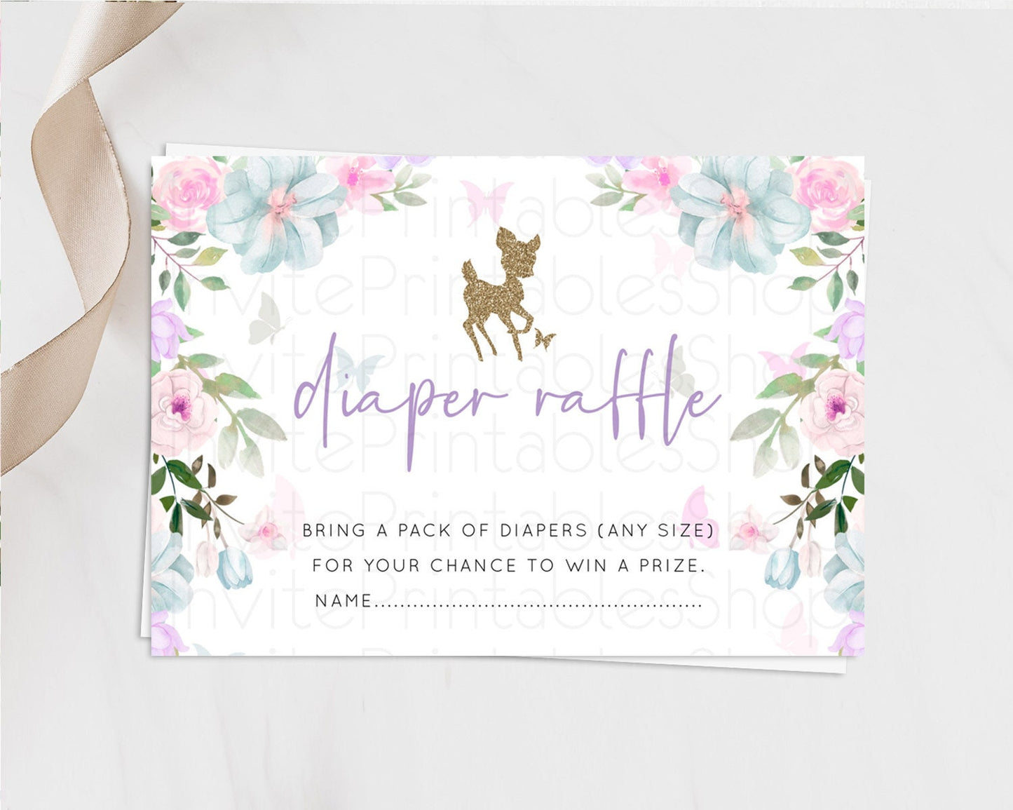 Fawn Diaper Raffle Card Deer Diaper Insert Floral Deer Diaper Ticket Enchanted Forest Butterfly Pastel Baby Shower Raffle Game D10476