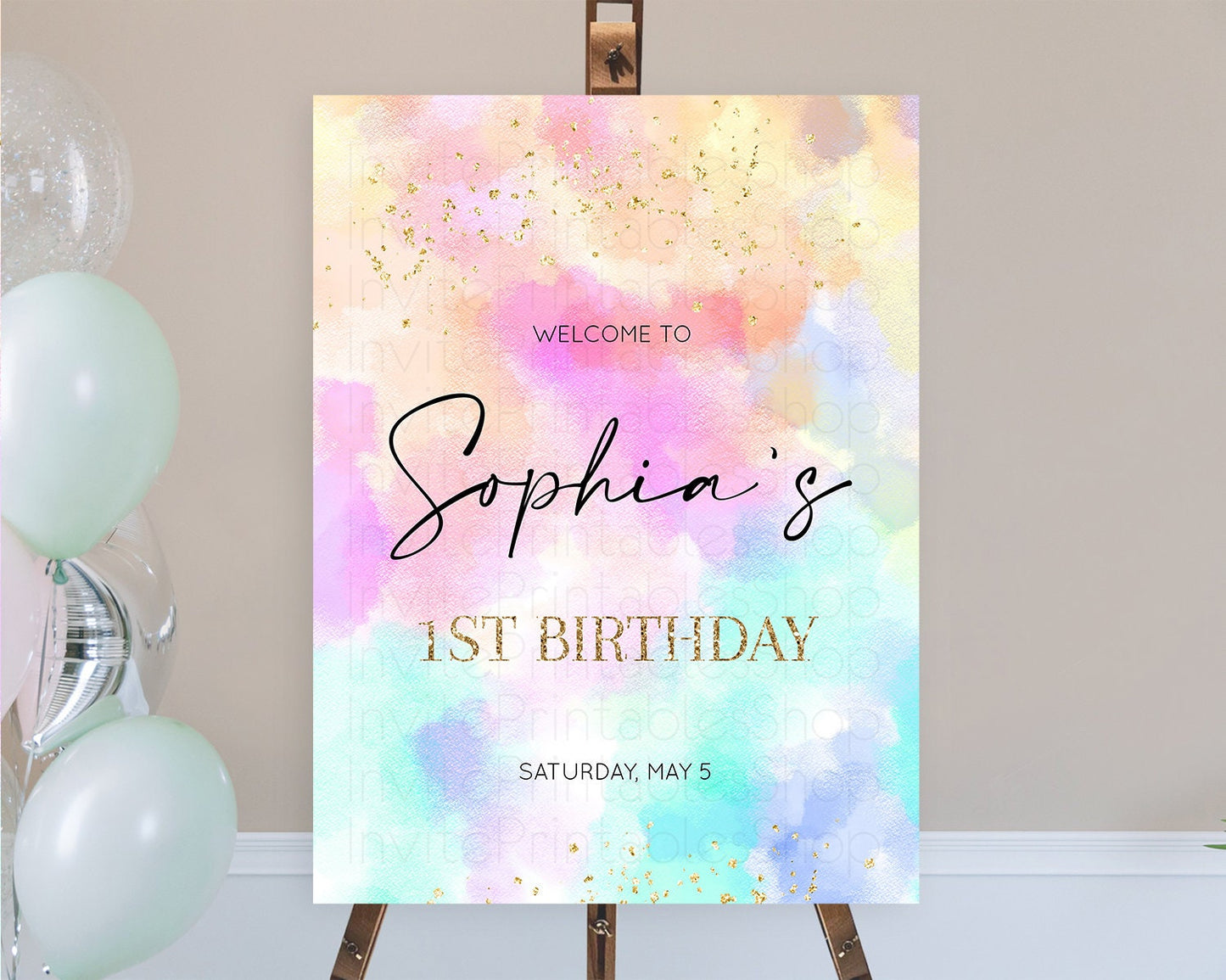 Pastel Welcome Sign Pastel Rainbow Welcome Sign Colorful Rainbow Confetti Watercolor Glitter Pastel First Birthday Welcome Sign D10667