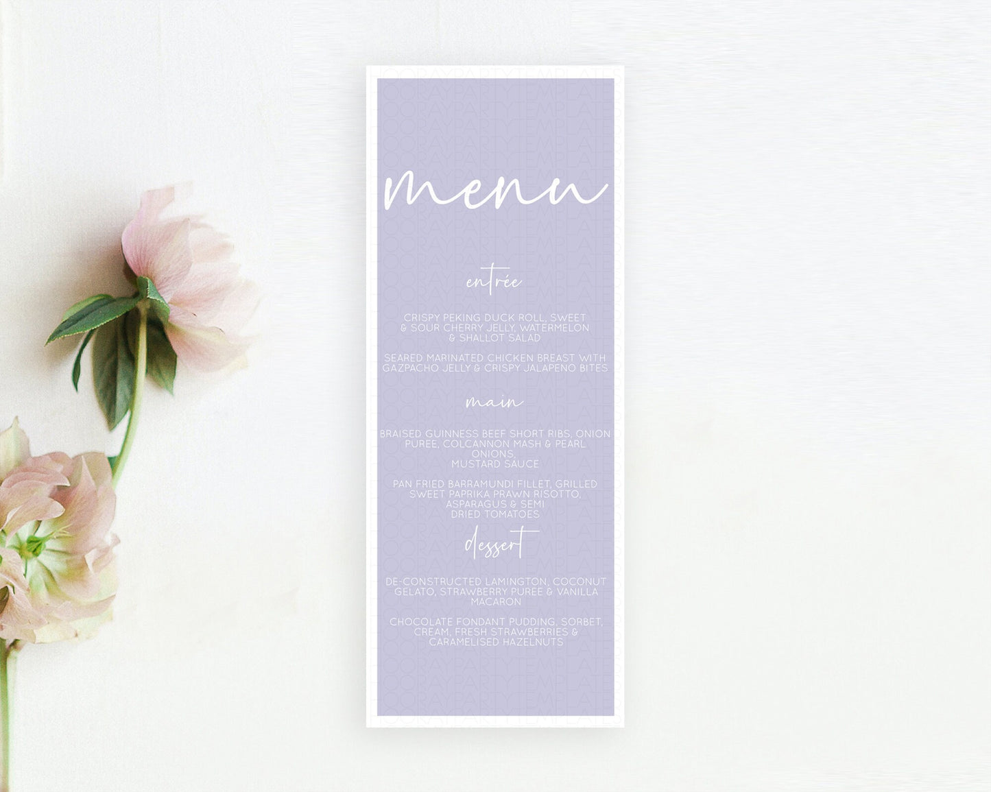 Purple Menu Pastel Purple Menu Template Purple Minimal Table Decor Modern Purple Menu Simple Purple Dinner Dessert Menu Food Menu D10942