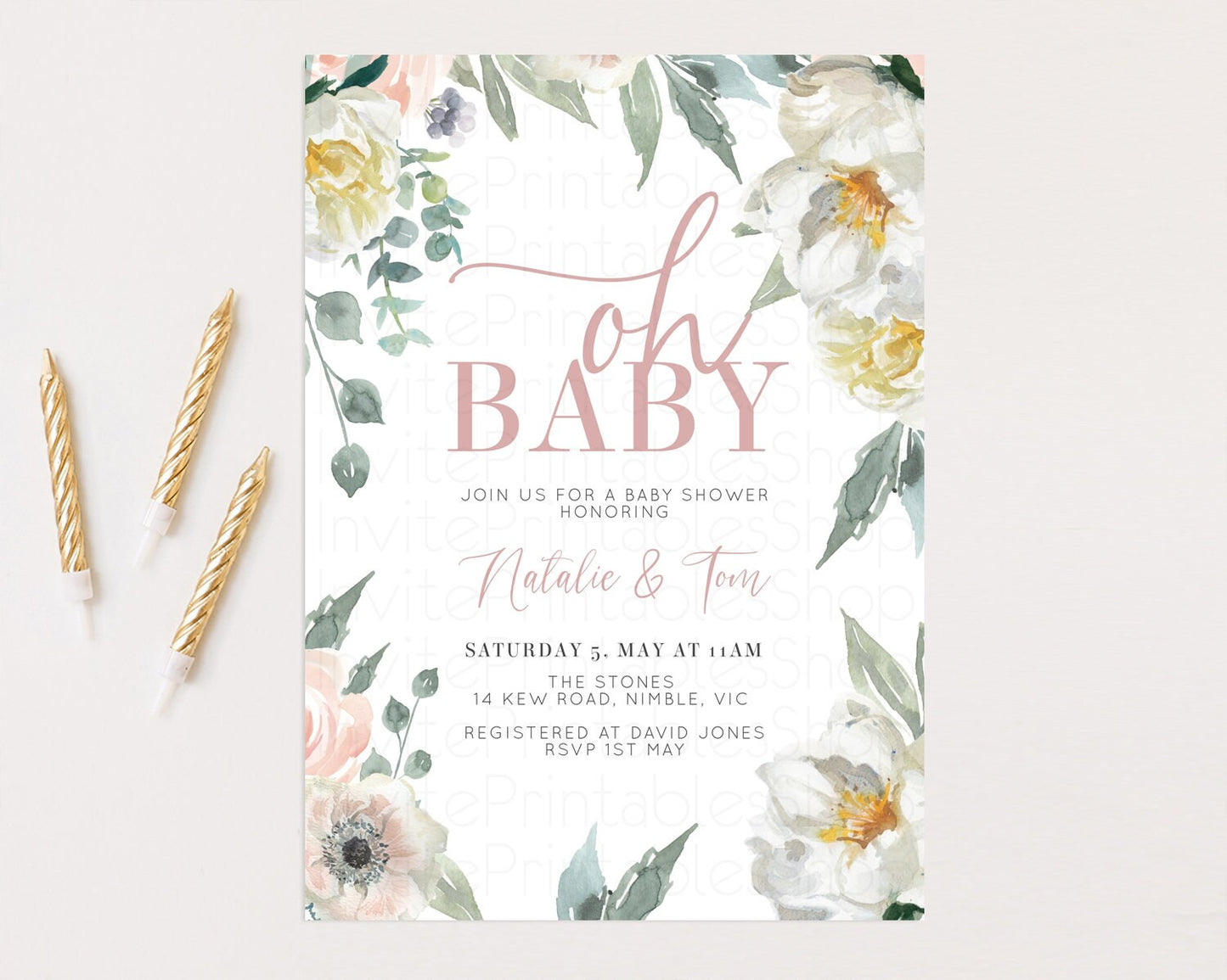 White Florals Baby Shower Invitation Secret Garden Whimsical Enchanted Fairytale Forest Wreath Watercolor Spring Flowers Invite W108