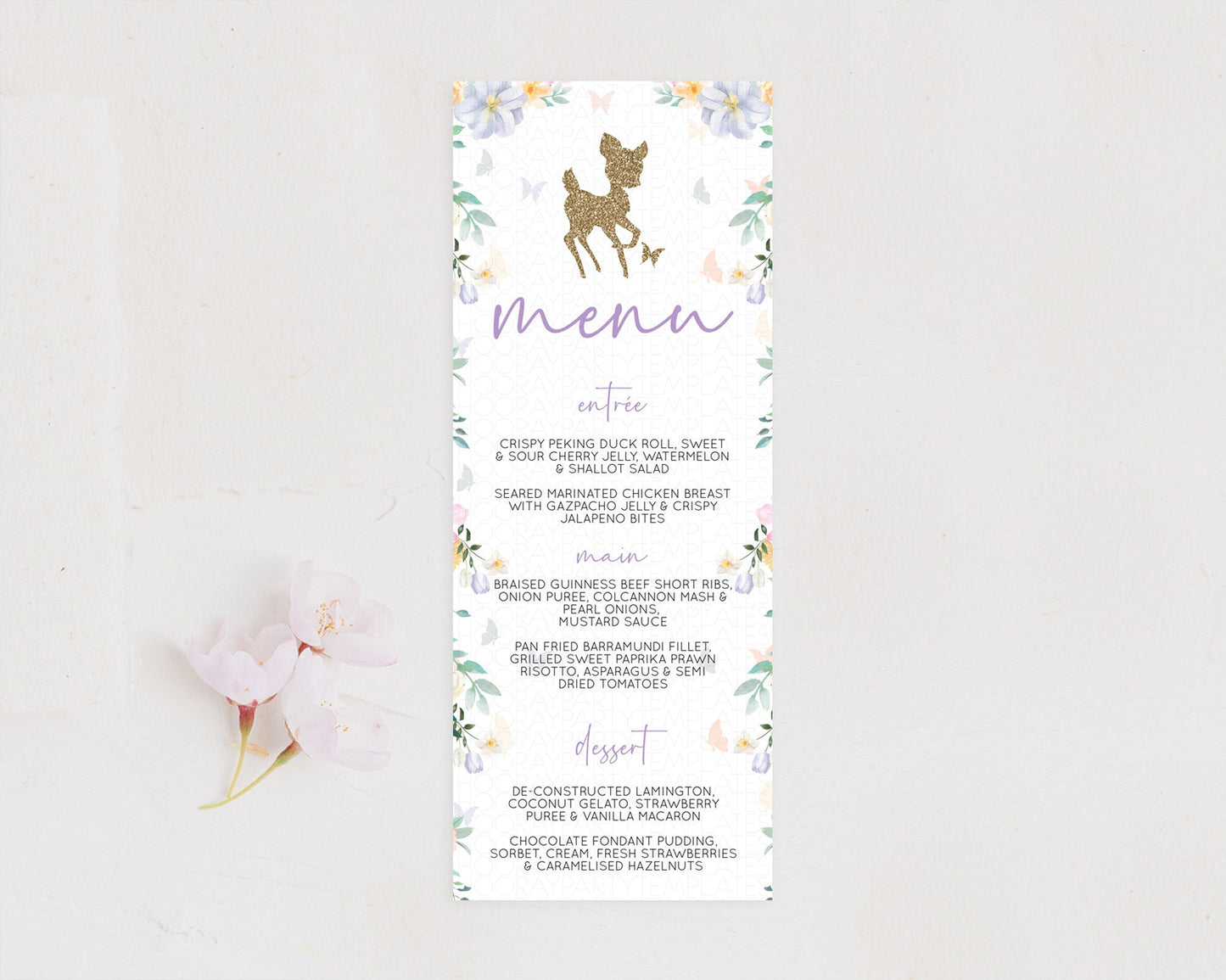 Fawn Menu Deer Menu Template Pastel Floral Deer Table Decor Enchanted Forest Butterfly Floral Dinner Dessert Menu Party Food Menu D10477