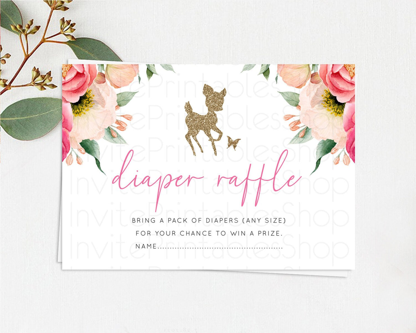 Fawn Diaper Raffle Card Deer Diaper Insert Floral Deer Diaper Ticket Enchanted Forest Butterfly Pastel Baby Shower Raffle Game D10326