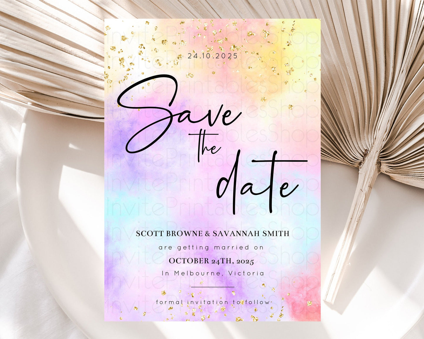 Pastel Save The Date Template Pastel Ombre Rainbow Watercolor Colorful Party For Birthday Baptism Baby Shower Wedding Bridal Shower D10438