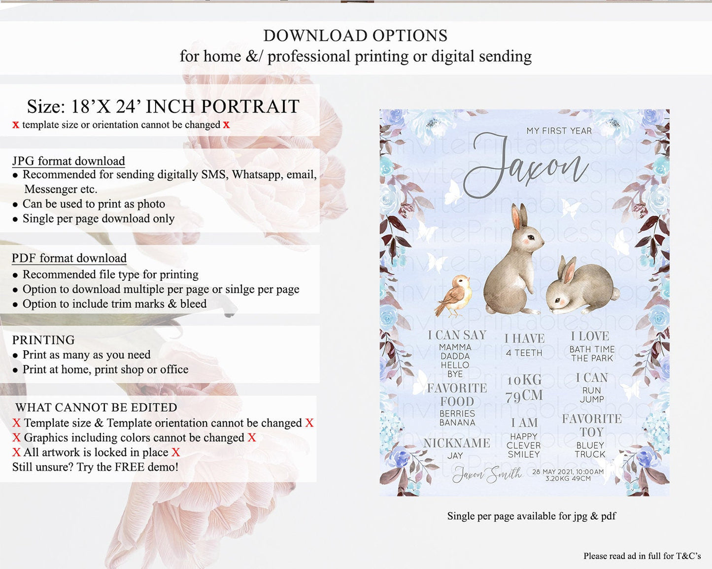 Bunny First Birthday Milestone Board Floral Bunny Milestone Poster Pastel Flowers Woodland Bunny Milestone 1st Birthday Welcome Sign D10923