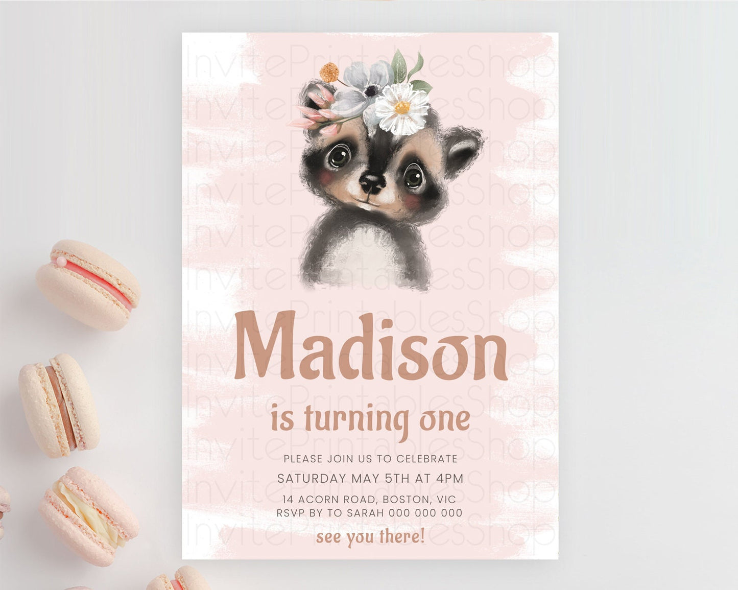 Raccoon Birthday Invitation, Enchanted Forest Adventure, Pink Woodland Theme, Baby Raccoon, 1st Birthday D10653