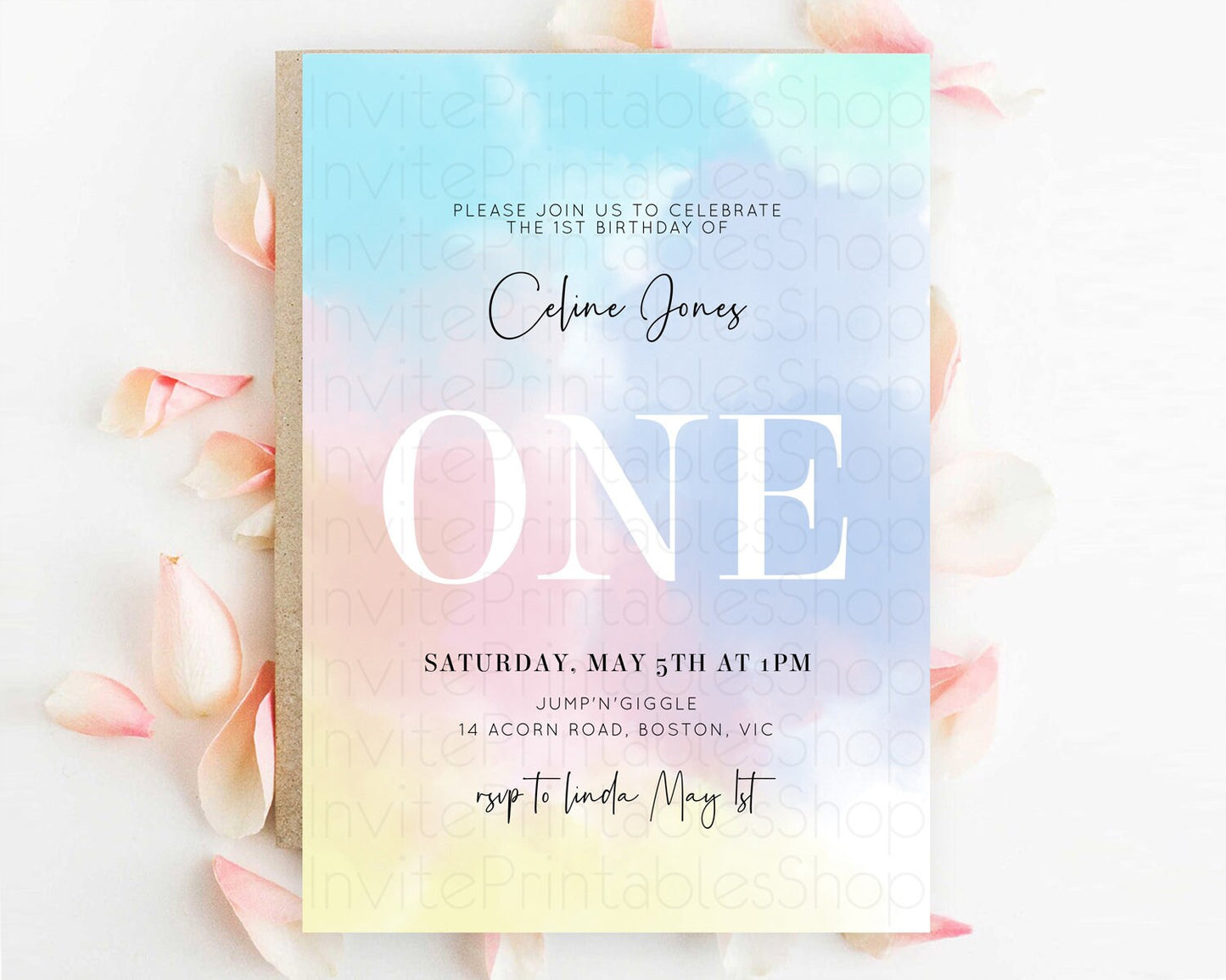 Rainbow Birthday Invitation Colorful Pastel Watercolor Invitation Gold Glitter Sprinkles Ombre Pastel 1st 2nd 3rd Birthday D10373