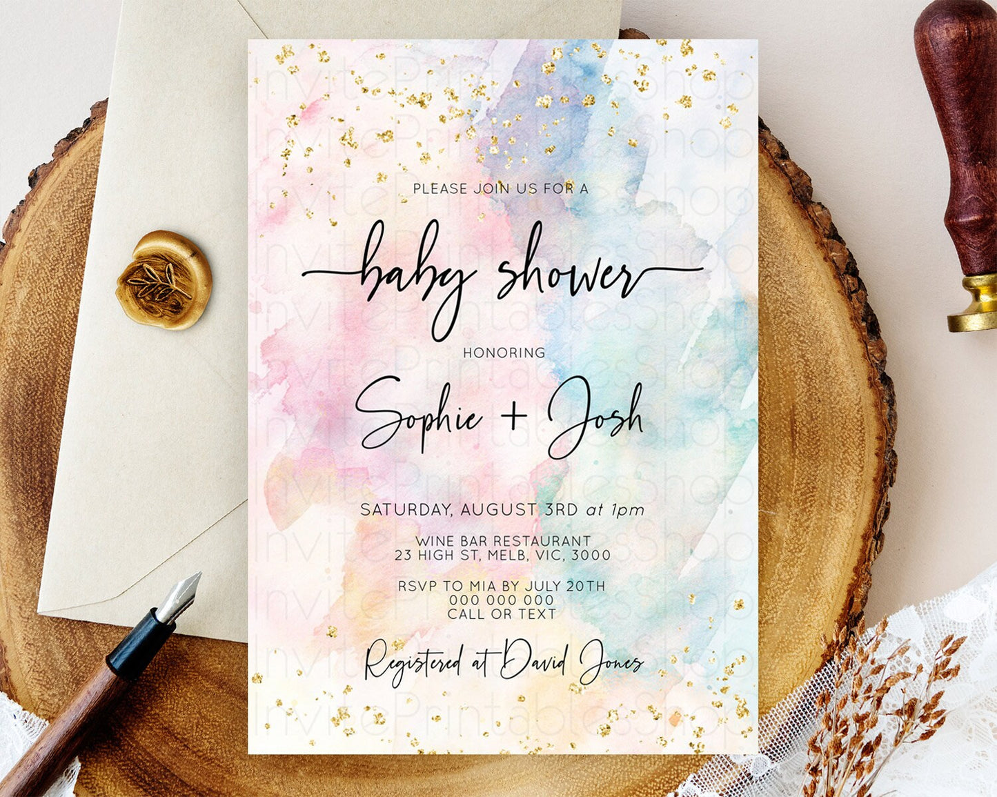 Pastel Baby Shower Invitation Rainbow Baby Shower Invitation Colorful Pastel Watercolor Invitation Gold Glitter Sprinkles Ombre D10276