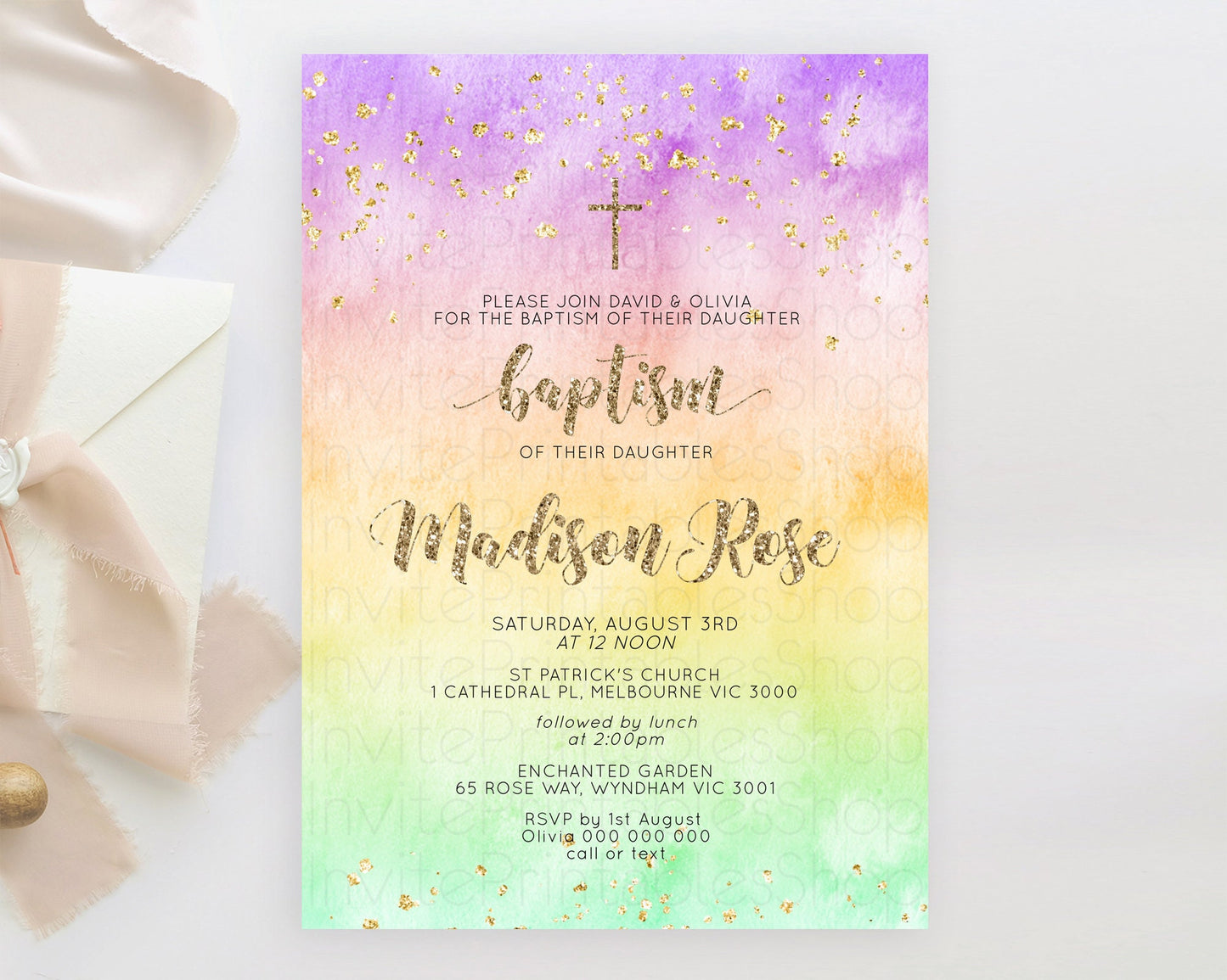 Pastel Baptism Invitation Pastel Colors Watercolor Baptism 1st Birthday Party Gold Ombre Pastel Rainbow Christening Holy Communion D10512