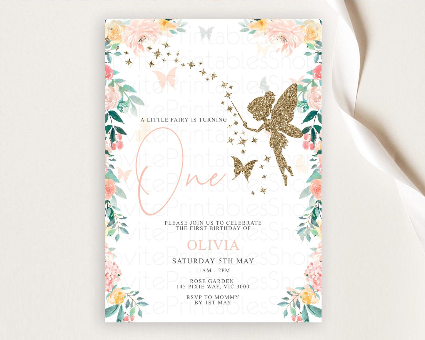 Fairy Birthday Invitation Fairy Invites Fairy Tea Party Fairy Garden Birthday Secret Garden Enchanted Garden Pastel Floral Butterfly D10789