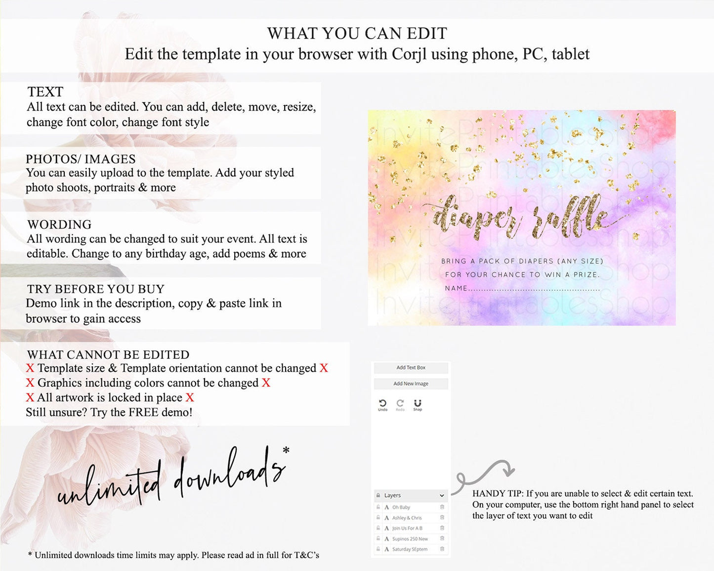 Pastel Diaper Raffle Card Pastel Rainbow Diaper Raffle Insert Colorful Ombre Watercolor Diaper Ticket Confetti Glitter Raffle Game D10435