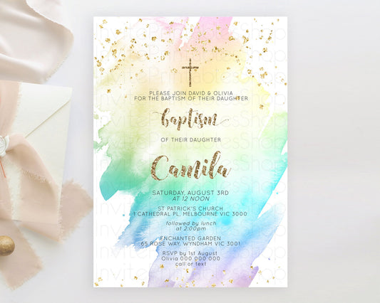 Pastel Baptism Invitation Pastel Colors Watercolor Baptism 1st Birthday Party Gold Ombre Pastel Rainbow Christening Holy Communion D10259