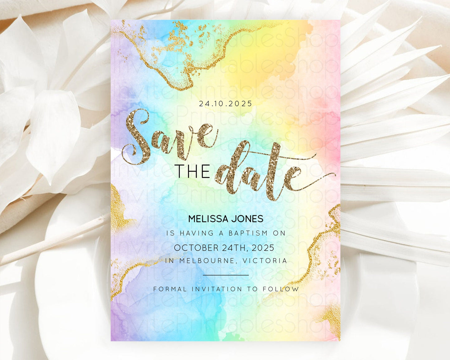 Pastel Save The Date Template Pastel Ombre Rainbow Watercolor Colorful Party For Birthday Baptism Baby Shower Wedding Bridal Shower D10589