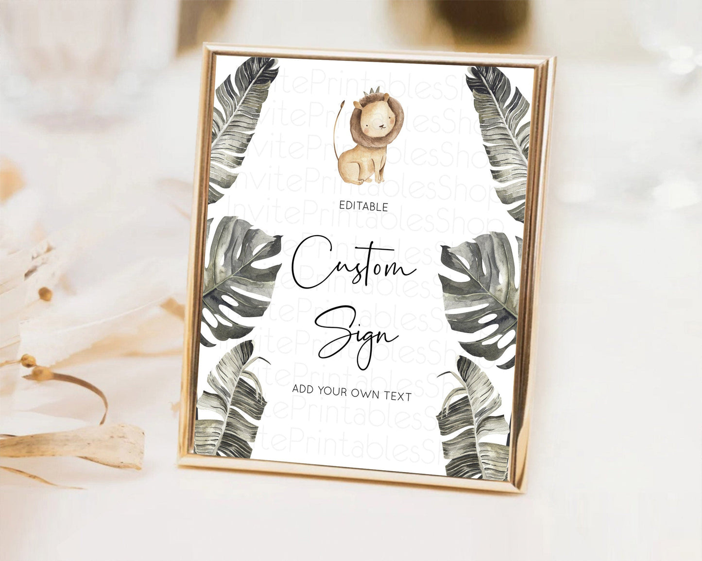 Lion Table Sign Decor Lion Safari Adventure Party Dried Palm Ferns Zoo 1st Birthday Baptism Baby Shower Bridal Shower Wedding D10599