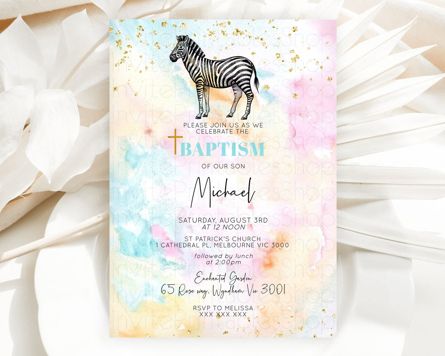 Pastel Zebra Baptism Invitation Watercolor Zebra Baptism 1st Birthday Invitation Rainbow Zebra Christening Invite Colorful Safari  D10281