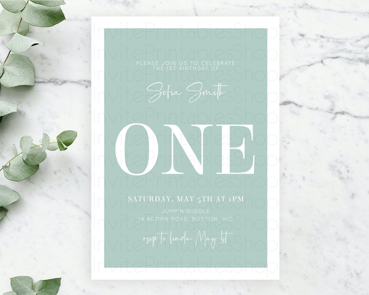 Green Birthday Invitation Plain Green Invitation Minimalist Invitation Pastel Green Invitation Modern Invite 2nd 1st First Birthday D10736