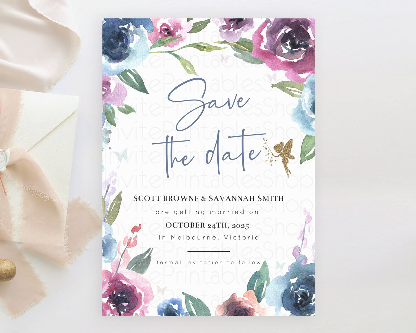 Fairy Save The Date Template Enchanted Garden Pastel Floral Butterfly Party Secret Garden Birthday Baptism Baby Shower Bridal Shower D10188