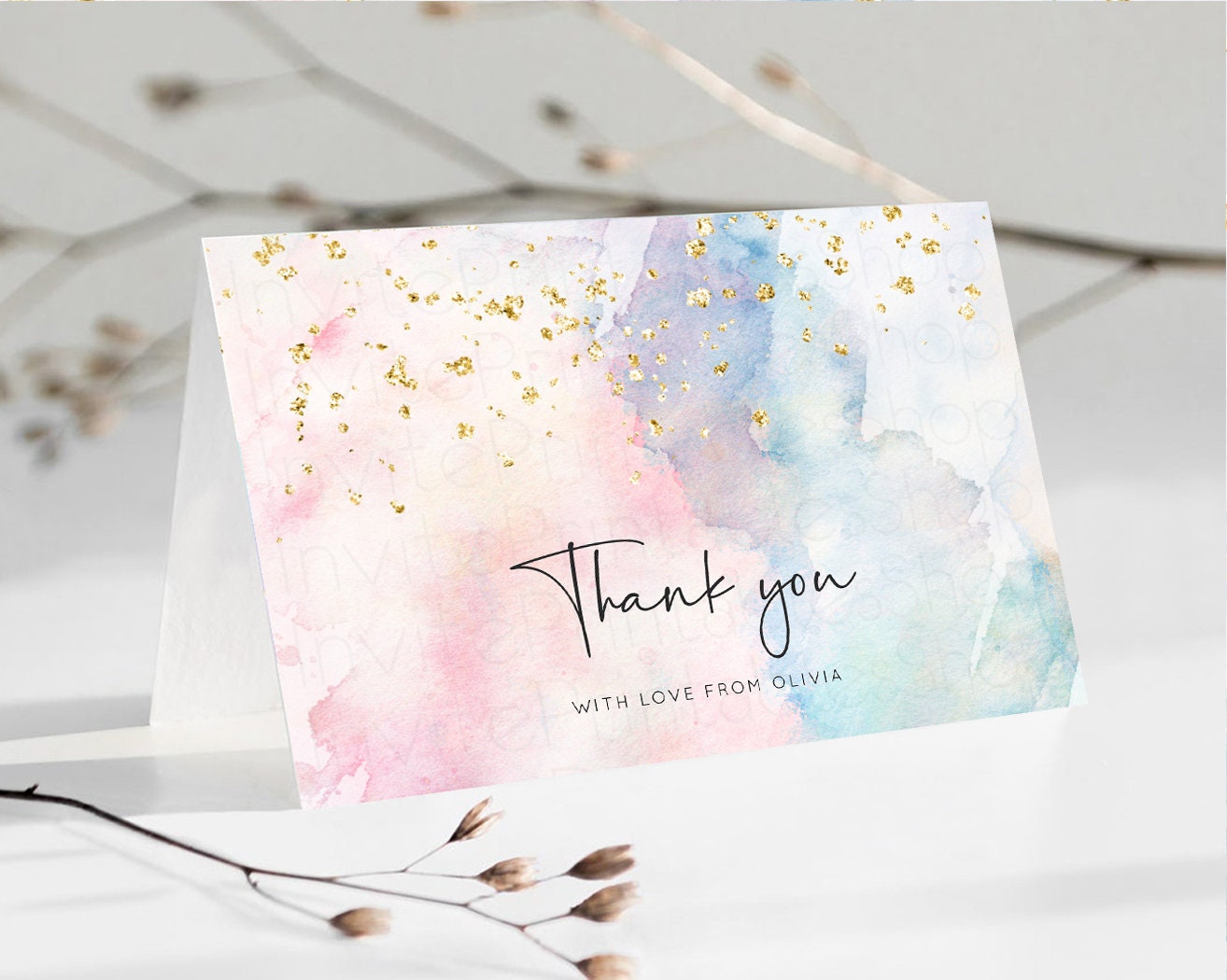 Pastel Rainbow Thank you Colorful Watercolor Gift Cards Splash Gold Glitter Card Birthday Engaged Baby Shower Wedding Folded/ Postcard 276