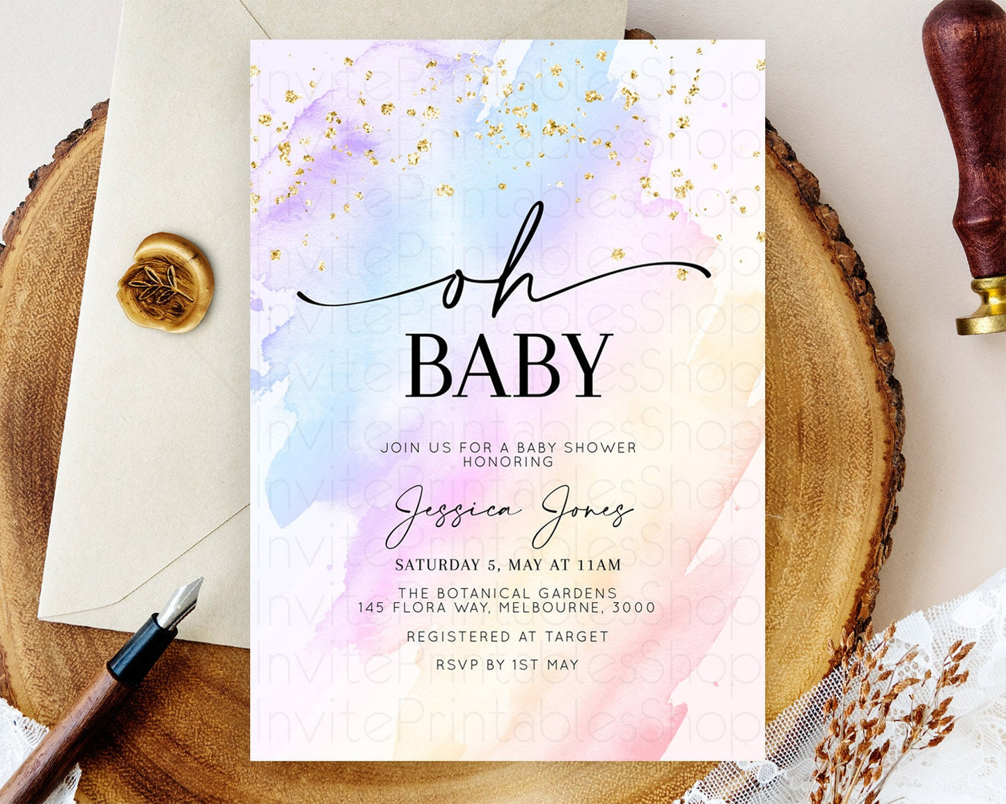 Pastel Baby Shower Invitation Rainbow Baby Shower Invitation Colorful Pastel Watercolor Invitation Gold Glitter Sprinkles Ombre D10635