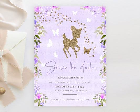 Fawn Deer Save The Date Template Pastel Floral Deer Enchanted Forest Butterfly Party 1st Birthday Baptism Baby Shower Bridal Shower D10963