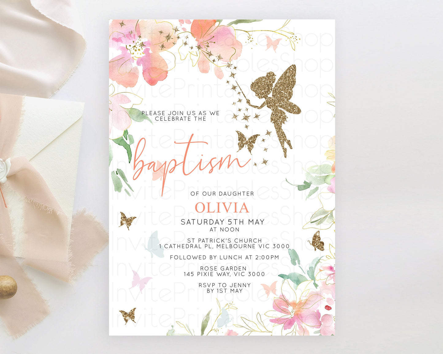 Fairy Baptism Invitation Fairy Baptism 1st Birthday Invitation Enchanted Secret Garden Christening Invite Pastel Floral Butterfly D10934