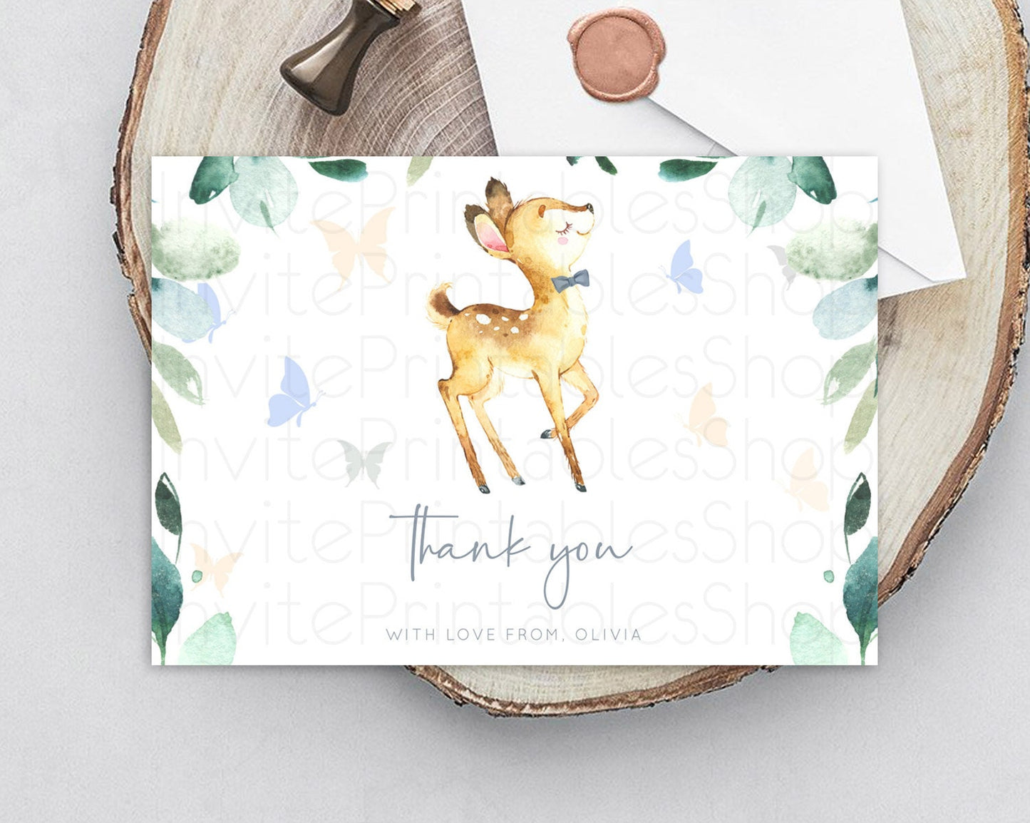 Fawn Thank You Deer Thank You Card Pastel Floral Deer Birthday Thank You Card Enchanted Forest Butterfly Deer Teacher Thank You Card D10767