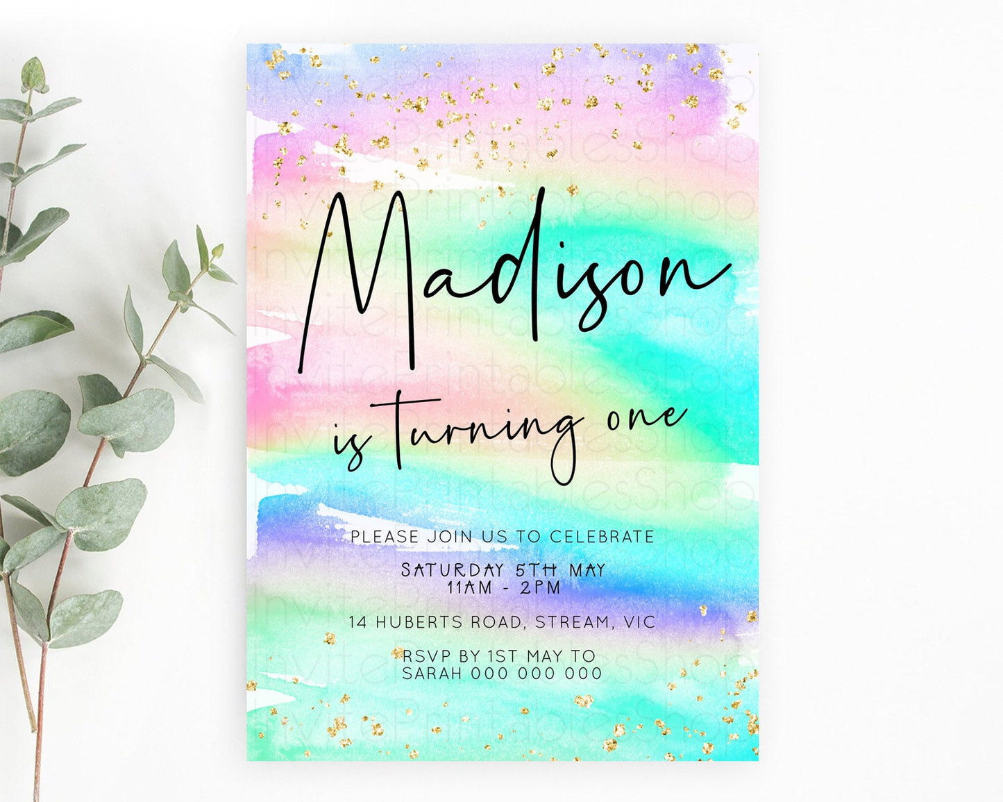 Pastel Birthday Invitation Ombre Watercolor Birthday Invitation Glitter Rainbow Color Splash 1st 2nd 3rd Birthday Invitation D23030