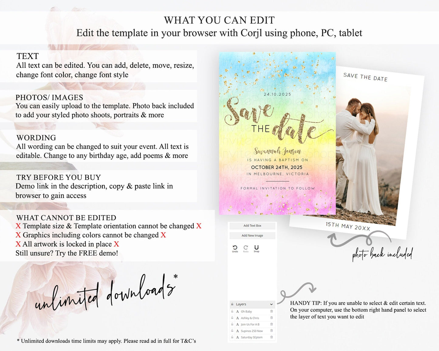 Pastel Save The Date Template Pastel Ombre Rainbow Watercolor Colorful Party For Birthday Baptism Baby Shower Wedding Bridal Shower D10479