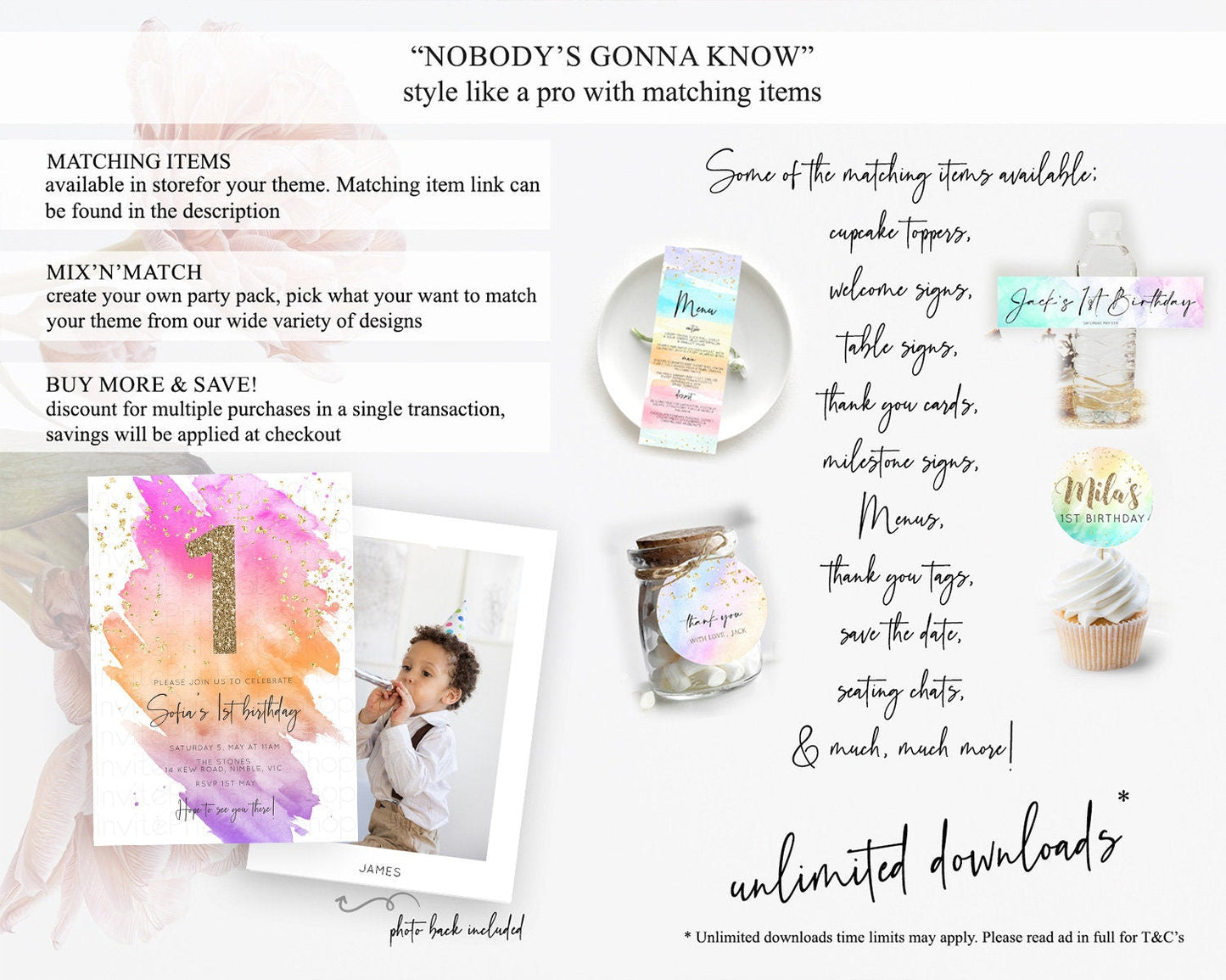 Rainbow Birthday Invitation Colorful Pastel Watercolor Invitation Gold Glitter Sprinkles Ombre Pastel 1st 2nd 3rd Birthday D10488