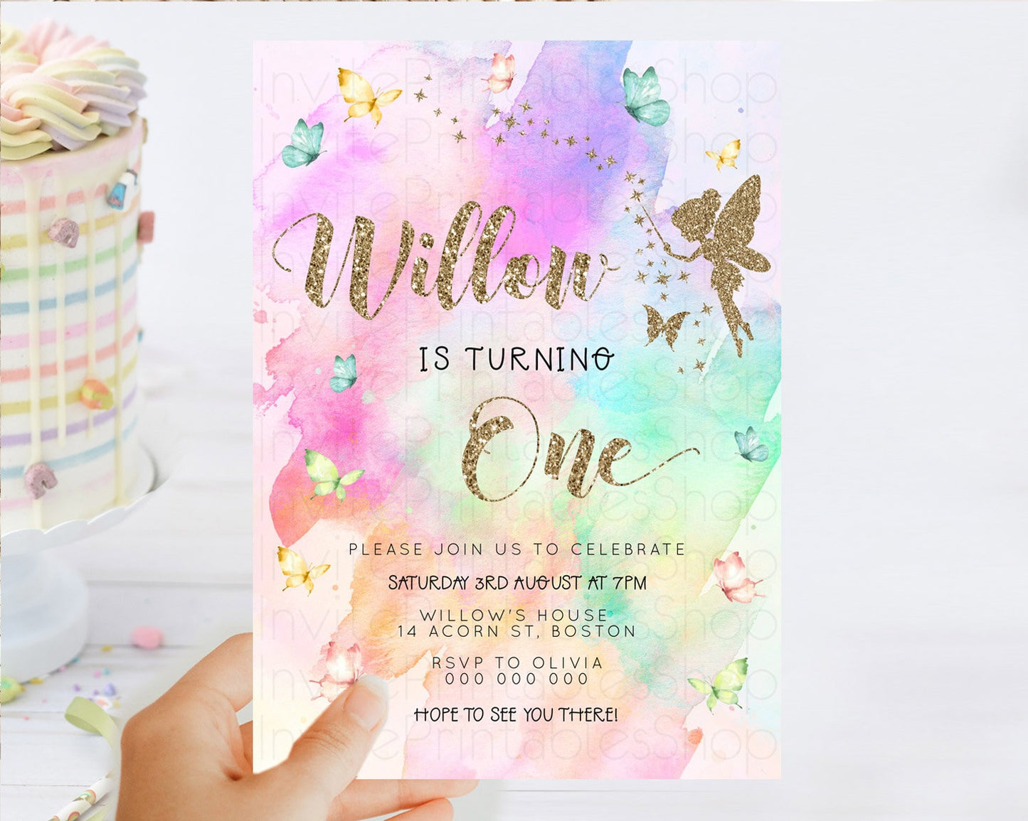 Pastel Fairy Birthday Invitation Pastel Butterflies Fairy Birthday Invitation Rainbow Ombre Watercolor 1st 2nd Birthday Invitation D23337